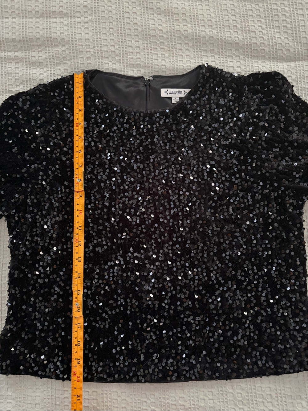 Nanette Lepore Black Velvet Sequin Short Sleeve Top L Retro Glam Festive Shimmer - Picture 8 of 10